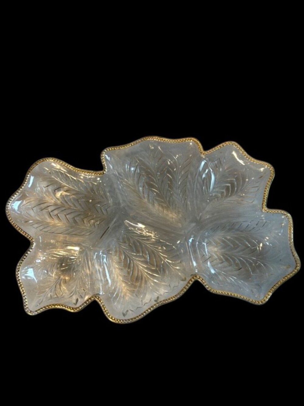 VTG Jeannette Glass Feather Leaf (Venetian Glass) 6-Part Relish Tray Gold Rim